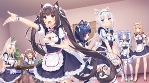 巧克力,枫,水無月時雨,香草,ネコぱら,sayori,兽耳,围裙,铃,金发,碧眼,青发,脸红,breasts,茶发,猫耳,猫娘,猫尾,游戏CG,绿色眼,长发,视线正对,女仆,開口,裤袜,紫色眼