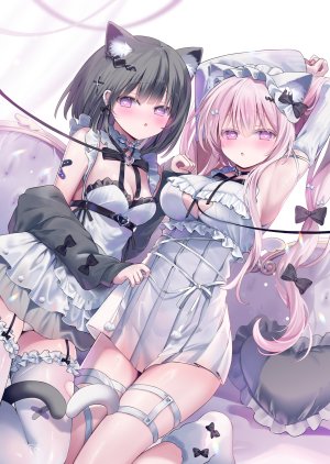 原创,飴乃うさリ,兽耳,黑发,脸红,breasts,猫耳,猫娘,cleavage,项圈,连衣裙,发饰,长发,长袖,视线正对,粉发,紫色眼,丝袜,超长发,白丝