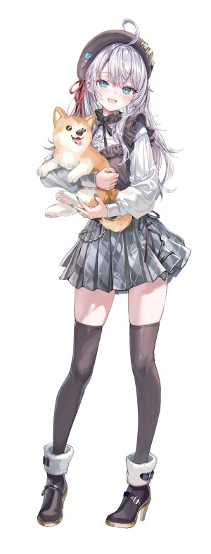 艾莉莎·米哈伊洛芙娜·九条,不时用俄语小声说真心话的邻桌艾莉同学,momoko,呆毛,动物,黑丝,碧眼,全身,灰发,holding,长发,长袖,视线正对,開口,缎带,衬衫,短裙,笑顔,single,丝袜,白背景,絶対領域