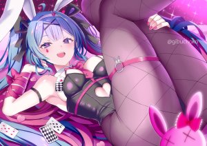 gibuchoko,初音ミク,VOCALOID,兽耳,碧眼,青发,breasts,兔子,兔耳,兔女郎,cleavage,garter,长发,裤袜,缎带,tattoo,双马尾,watermark