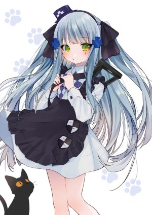 hk416,少女前線,manya_drhr,动物,围裙,ブラック・キャット,青发,脸红,连衣裙,绿色眼,长发,长袖,视线正对,缎带,single,白背景